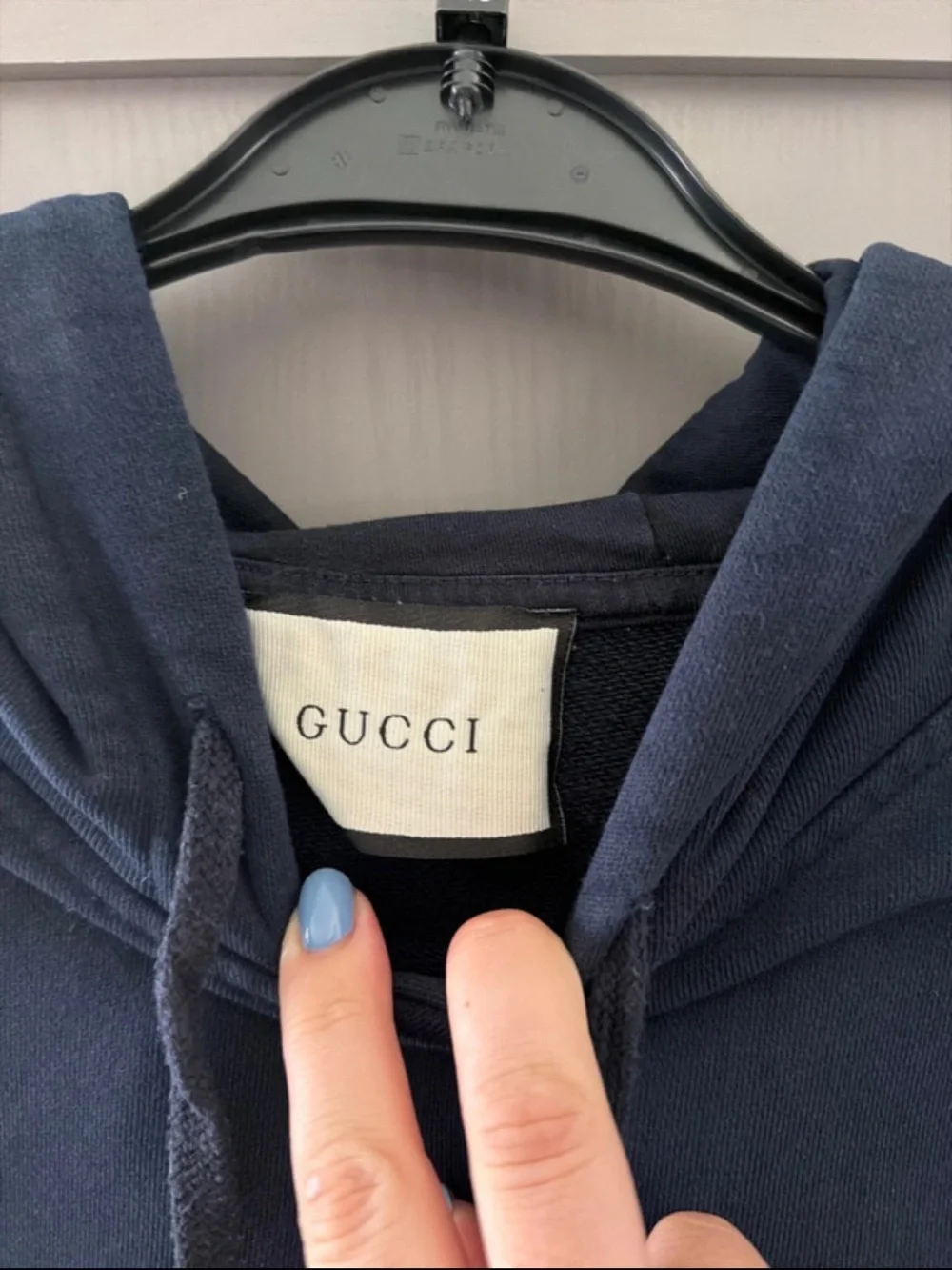 Gucci Navy Hoodie with Yellow Logo Tape Sleeves